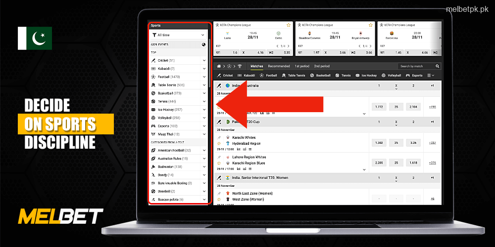 Select the sport you want to bet on at Melbet